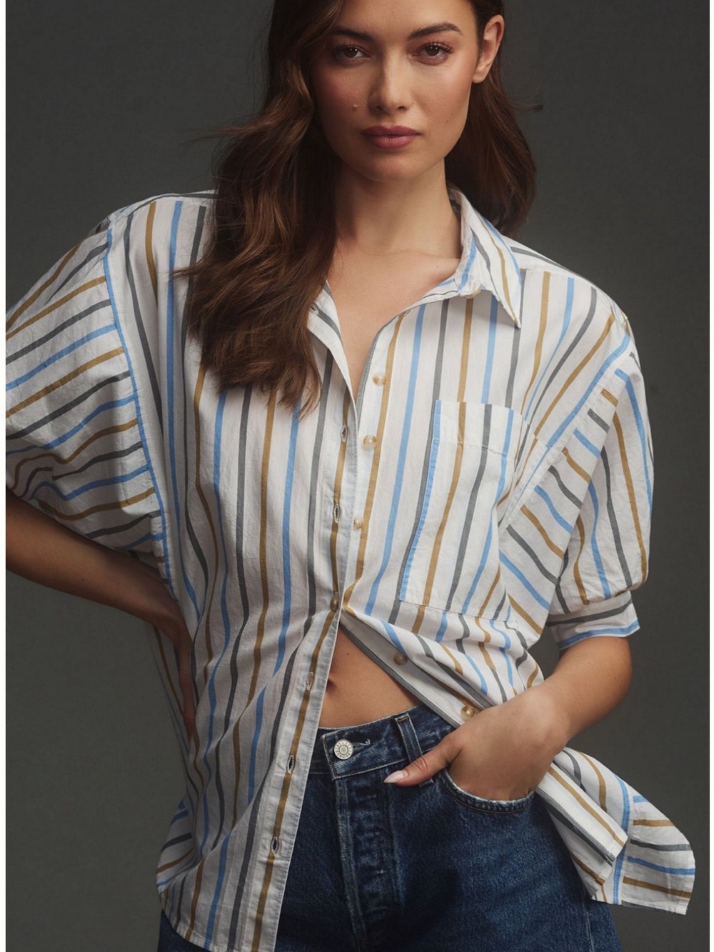 Pilcro Anthropologie Striped Button-Front Cotton Shirt - Blue & Tan